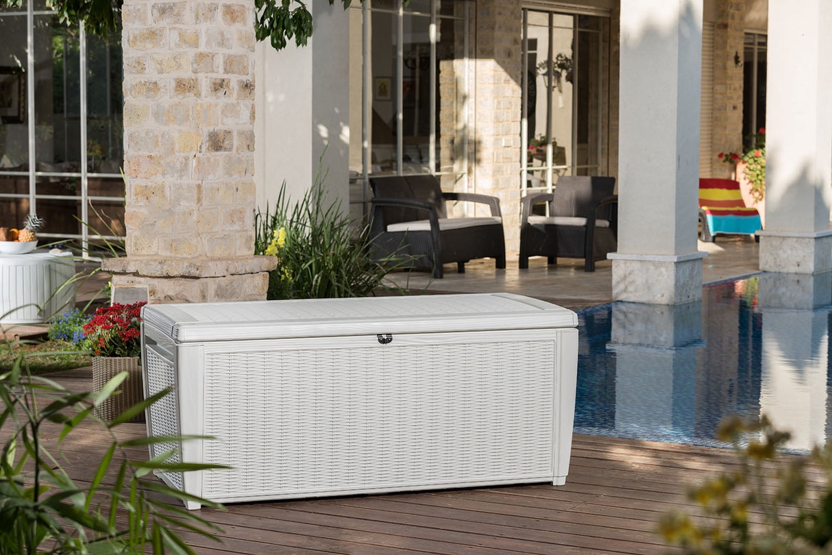 Keter Sumatra Rattan Style 135 Gallon Plastic, Resin and Wicker Deck Box, White