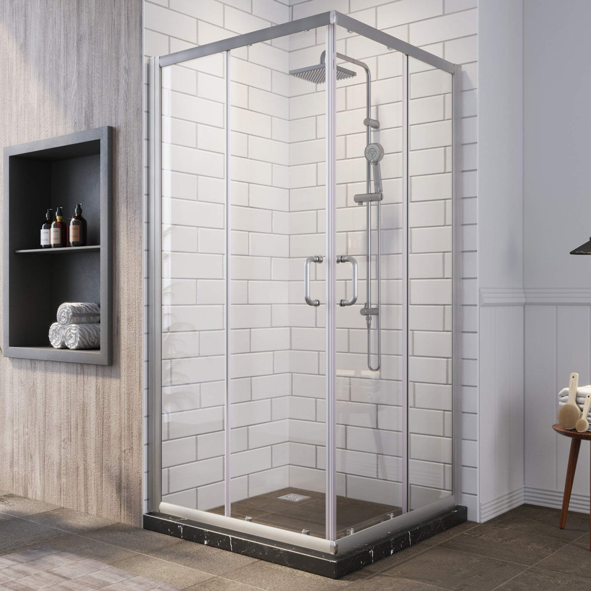 SUNNY SHOWER 36 in. W x 36 in. D x 72 in. H Brushed Nickel Finish Corner Entry Enclosure With Sliding Doors