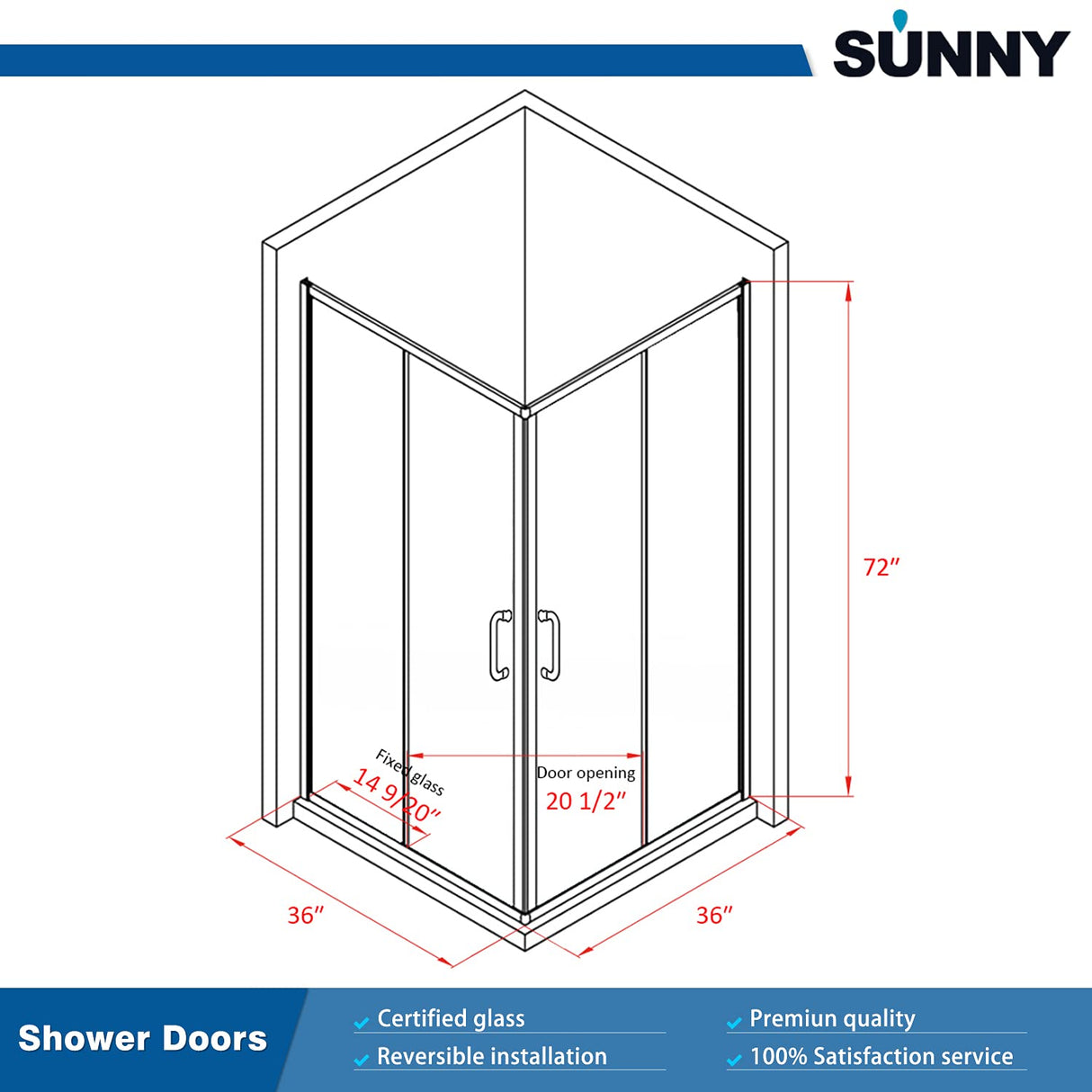 SUNNY SHOWER 36 in. W x 36 in. D x 72 in. H Brushed Nickel Finish Corner Entry Enclosure With Sliding Doors