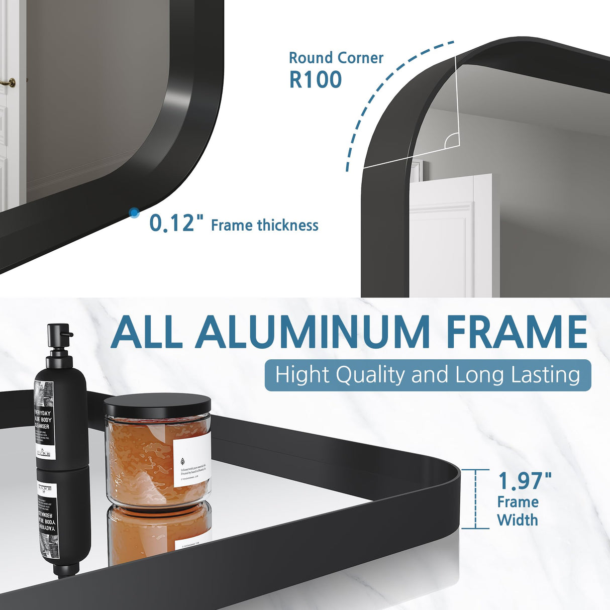 ELEGANT Round Corner Vanity Mirror Wall-Mounted 24 in. W x 36 in. L Brushed Metal