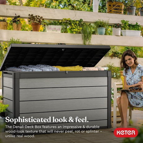 Keter Denali Grey 200 Gallon Large Resin Deck Box for Patio Outdoor Storage
