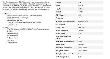 Greenworks 1500 PSI 1.2 GPM Pressure Washer