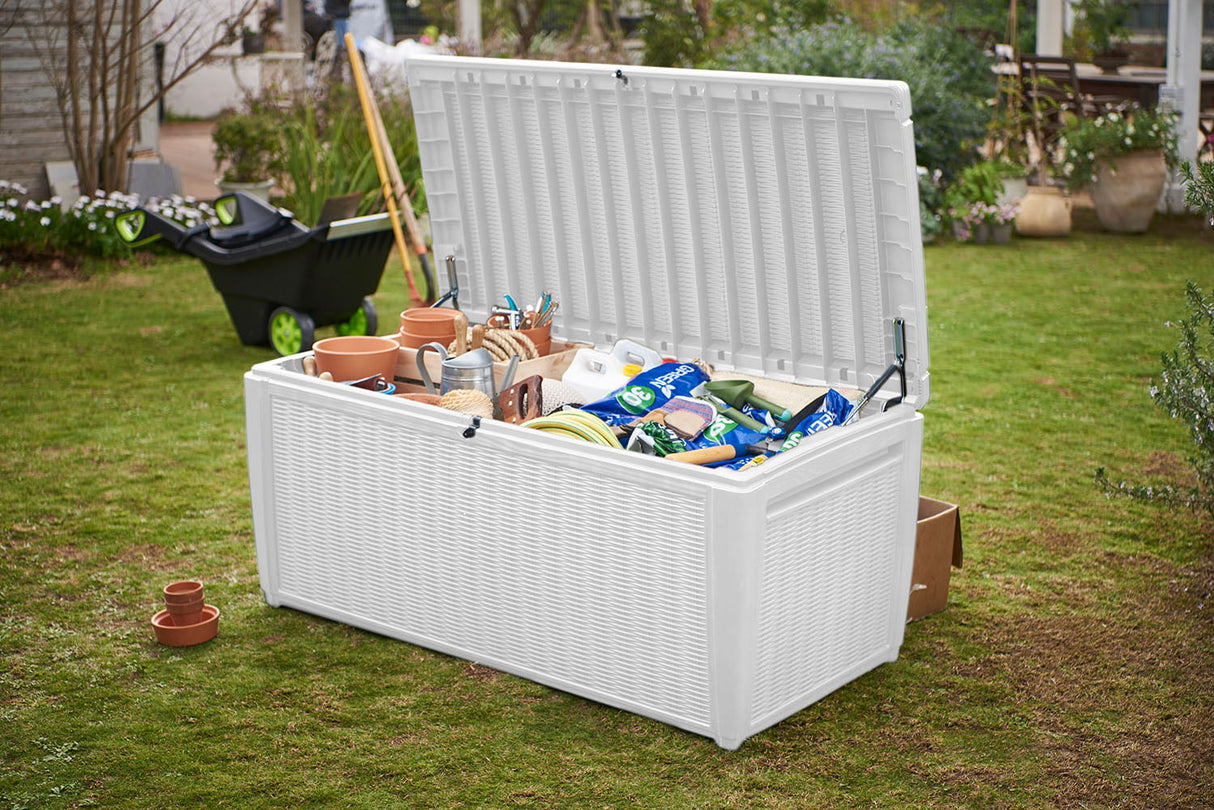 Keter Sumatra Rattan Style 135 Gallon Plastic, Resin and Wicker Deck Box, White