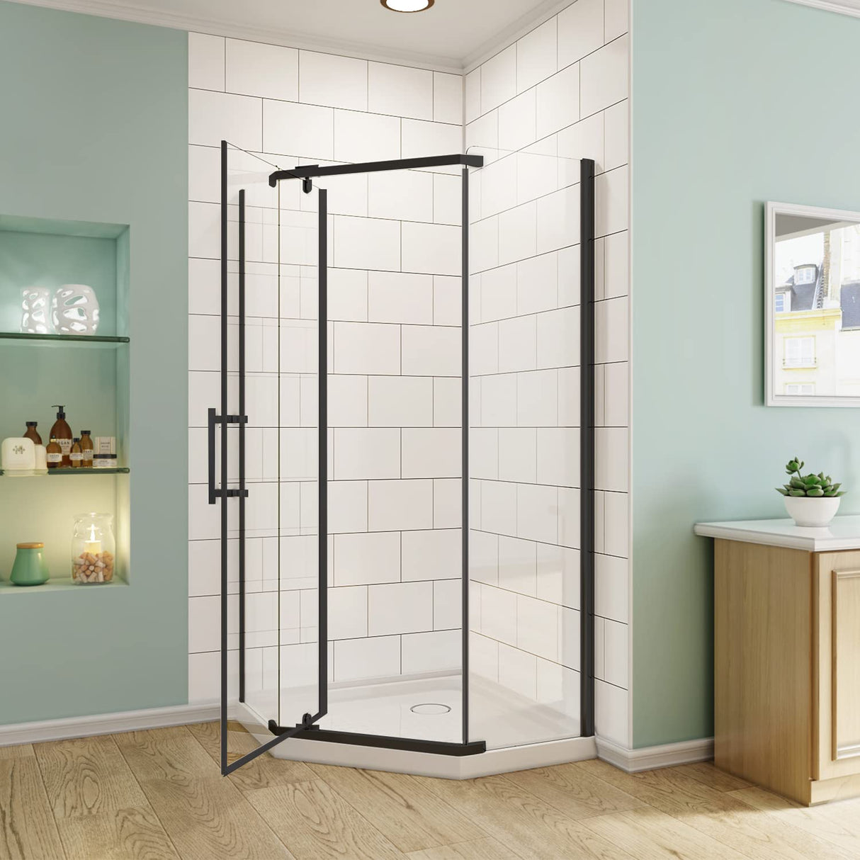 SUNNY SHOWER 36.7 in. W x 36.7 in. D x 71.8 in. H Black Finish Pivot Enclosures With Pivot Door And White Diamond Bases