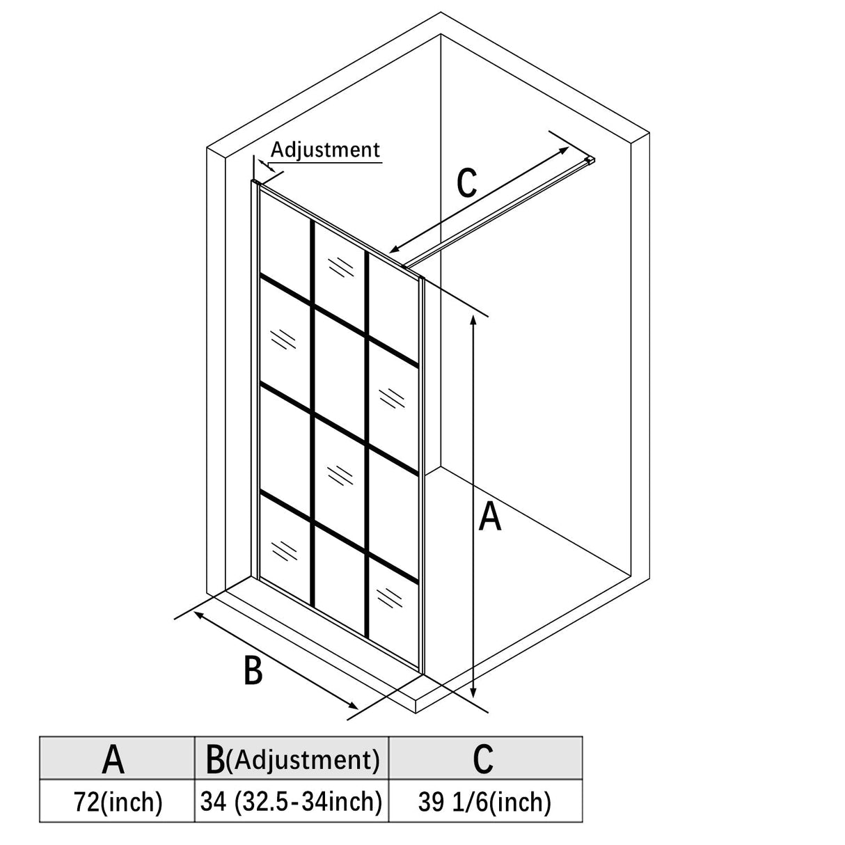 SUNNY SHOWER 34 in. W x 72 in. H Black Finish Walk-in Shower Enclosures