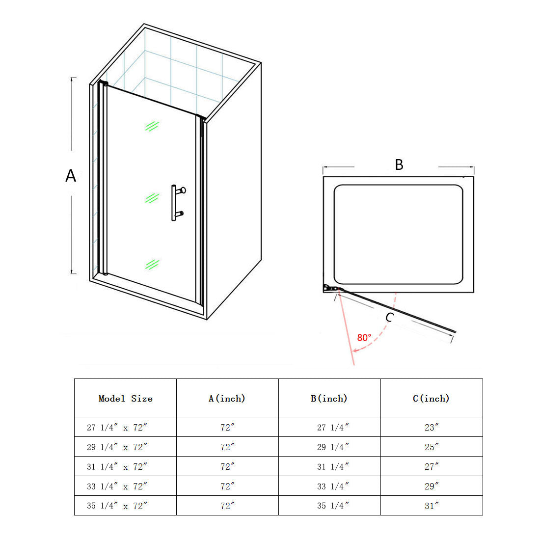 SUNNY SHOWER 1/4 Inch Frameless Chrome Finish Pivot Shower Door