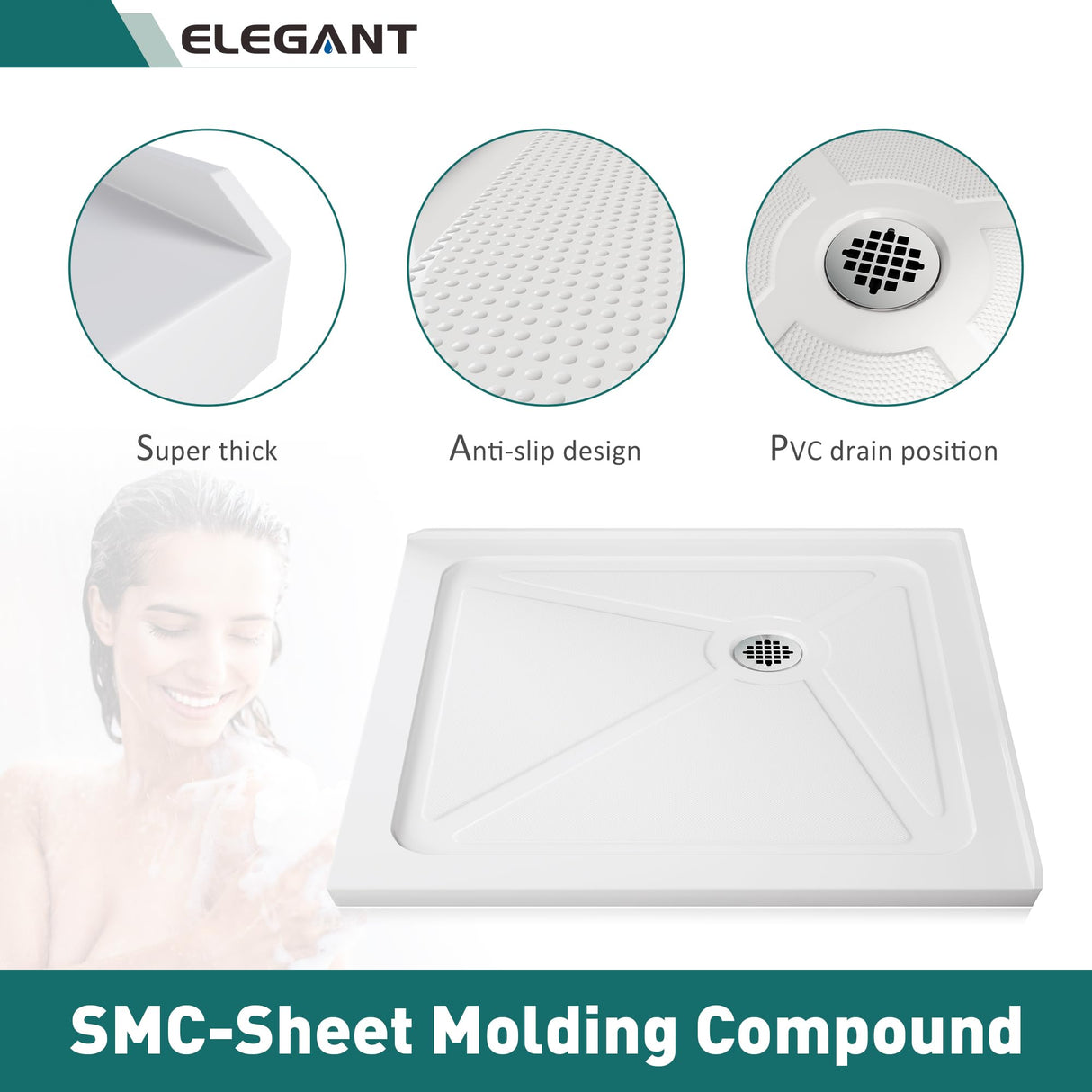 Elegant 34 in. W x 34 in. D x 3 in. H White Corner Drain Square Bases