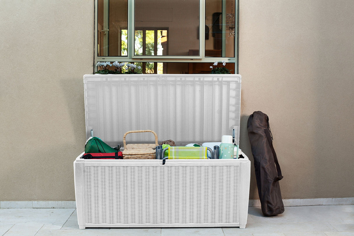 Keter Sumatra Rattan Style 135 Gallon Plastic, Resin and Wicker Deck Box, White
