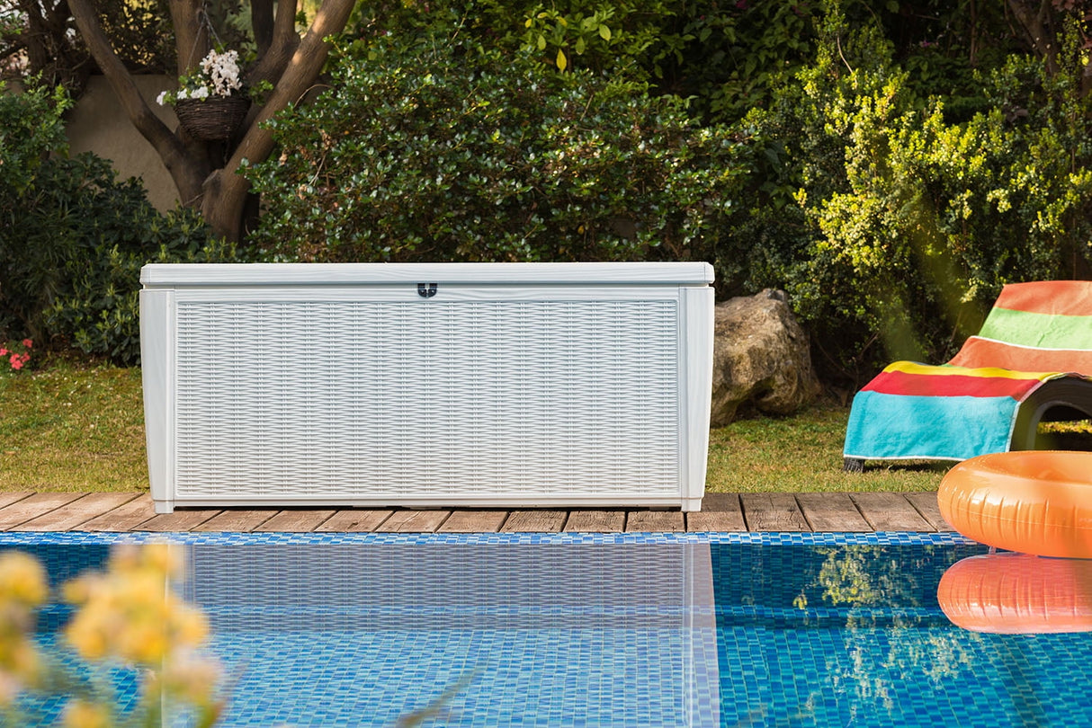 Keter Sumatra Rattan Style 135 Gallon Plastic, Resin and Wicker Deck Box, White