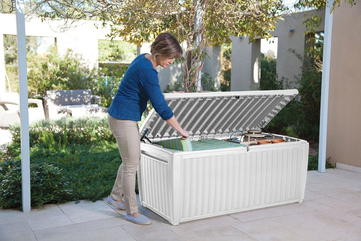 Keter Sumatra Rattan Style 135 Gallon Plastic, Resin and Wicker Deck Box, White